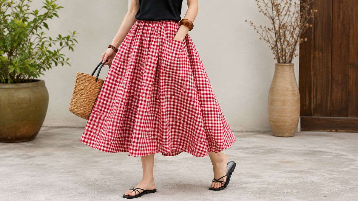 Chouyatou Vintage Plaid Midi Skirt for Effortless Everyday Style