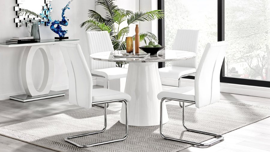 Furniturebox UK Palma White Marble Effect Round Pedestal Dining Table: Luxury Dining for Modern Homes