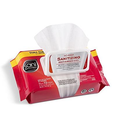 Sani Professional Table Turners No-Rinse Sanitizing Wipes, 9" X 8", White, 72 Wipes/Pk, 12/Carton