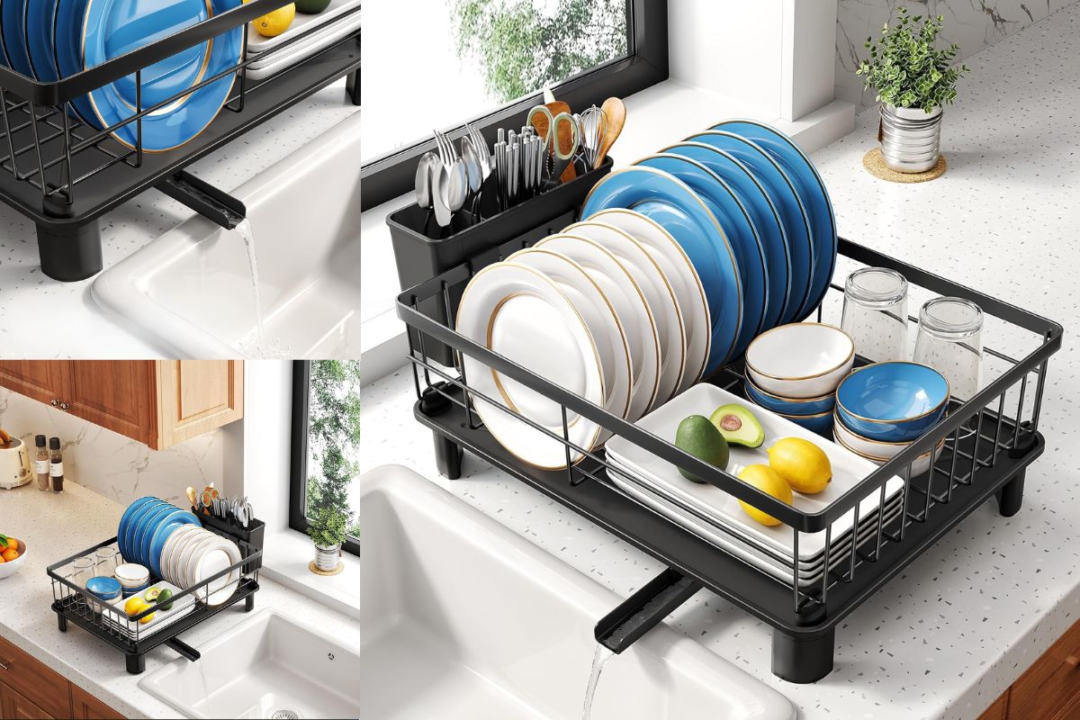 Stainless Steel Dish Rack with Drainboard & Utensil Holder